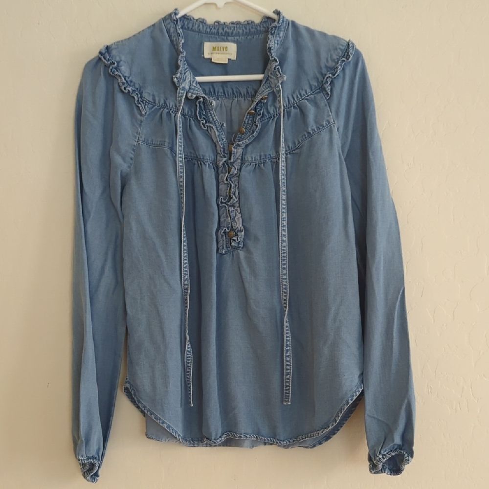Maeve Chambray Jean Long Sleeve Blue Ruffle Boho Blouse Shirt - Size XS